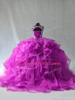 Exquisite Purple Ball Gowns Organza Scoop Sleeveless Beading and Ruffles Floor Length Lace Up 15th Birthday Dress