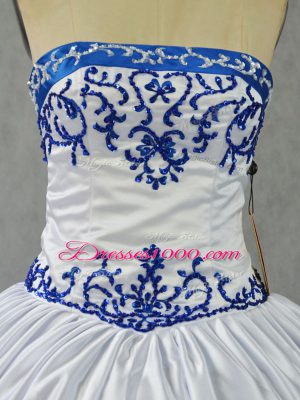 Edgy Blue And White Ball Gowns Satin Strapless Sleeveless Embroidery Floor Length Lace Up Ball Gown Prom Dress