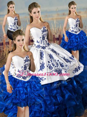 Satin and Organza Sleeveless Floor Length Sweet 16 Dress and Embroidery and Ruffles