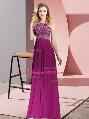 Trendy Beading Prom Gown Fuchsia Backless Sleeveless Floor Length