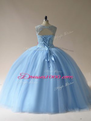 Ball Gowns Quinceanera Gown Light Blue Scoop Tulle Sleeveless Floor Length Lace Up