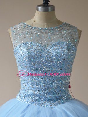 Ball Gowns Quinceanera Gown Light Blue Scoop Tulle Sleeveless Floor Length Lace Up