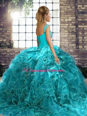 Deluxe Lavender Ball Gowns Organza Off The Shoulder Sleeveless Beading and Ruffles Lace Up Sweet 16 Dress Brush Train