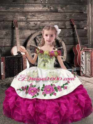 Fuchsia Pageant Dress Toddler Wedding Party with Beading and Embroidery and Ruffles Off The Shoulder Sleeveless Lace Up