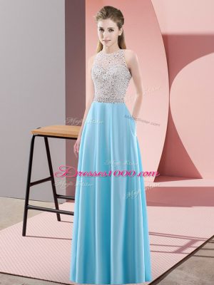 Baby Blue Empire Satin Scoop Sleeveless Beading Floor Length Backless Prom Dress