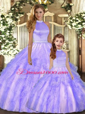 Hot Selling Tulle Halter Top Sleeveless Backless Beading and Ruffles Quinceanera Dresses in Lavender