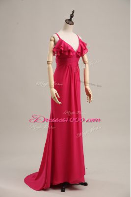 Zipper Evening Outfits Hot Pink for Prom and Party and Military Ball with Ruching Brush Train