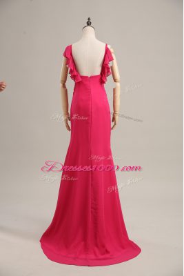 Zipper Evening Outfits Hot Pink for Prom and Party and Military Ball with Ruching Brush Train