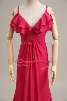 Zipper Evening Outfits Hot Pink for Prom and Party and Military Ball with Ruching Brush Train