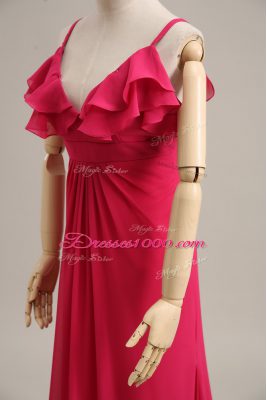 Zipper Evening Outfits Hot Pink for Prom and Party and Military Ball with Ruching Brush Train