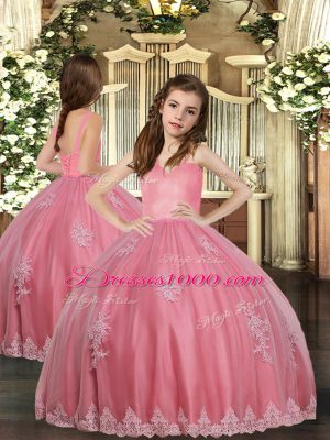 Watermelon Red Sleeveless Floor Length Appliques Lace Up Little Girls Pageant Dress Wholesale