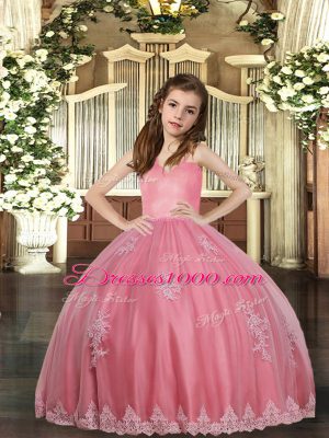 Watermelon Red Sleeveless Floor Length Appliques Lace Up Little Girls Pageant Dress Wholesale