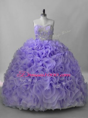 High Class Lavender Lace Up Sweetheart Beading Quinceanera Dresses Fabric With Rolling Flowers Sleeveless Brush Train