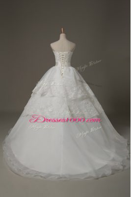 Pretty Sweetheart Sleeveless Wedding Gown Brush Train Beading and Lace and Bowknot White Organza