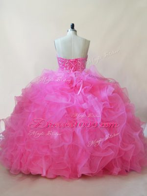 Decent Rose Pink Ball Gowns Tulle Sweetheart Sleeveless Beading and Ruffles Floor Length Lace Up 15 Quinceanera Dress