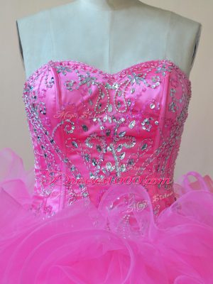 Decent Rose Pink Ball Gowns Tulle Sweetheart Sleeveless Beading and Ruffles Floor Length Lace Up 15 Quinceanera Dress