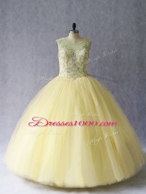 Light Yellow Tulle Lace Up Sweet 16 Dress Sleeveless Floor Length Beading
