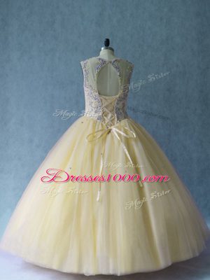Light Yellow Tulle Lace Up Sweet 16 Dress Sleeveless Floor Length Beading