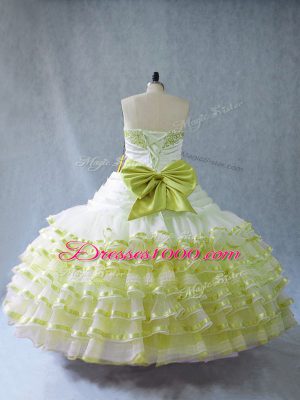 Top Selling Yellow Green Organza Quince Ball Gowns Sleeveless Floor Length Embroidery and Ruffled Layers