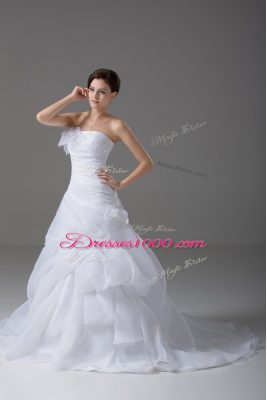 Beautiful White Organza Lace Up Wedding Dress Sleeveless Brush Train Pick Ups and Hand Made Flower