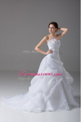 Beautiful White Organza Lace Up Wedding Dress Sleeveless Brush Train Pick Ups and Hand Made Flower