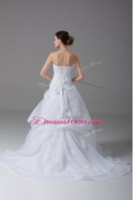 Beautiful White Organza Lace Up Wedding Dress Sleeveless Brush Train Pick Ups and Hand Made Flower