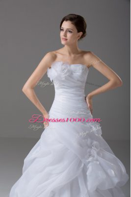 Beautiful White Organza Lace Up Wedding Dress Sleeveless Brush Train Pick Ups and Hand Made Flower