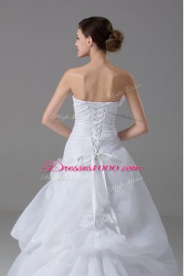 Beautiful White Organza Lace Up Wedding Dress Sleeveless Brush Train Pick Ups and Hand Made Flower