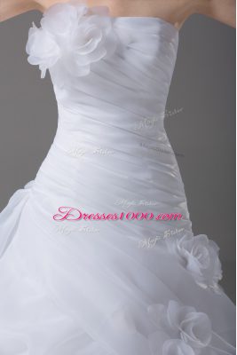 Beautiful White Organza Lace Up Wedding Dress Sleeveless Brush Train Pick Ups and Hand Made Flower