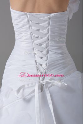 Beautiful White Organza Lace Up Wedding Dress Sleeveless Brush Train Pick Ups and Hand Made Flower