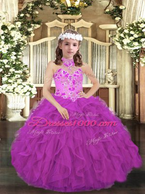 Purple Lace Up Little Girls Pageant Dress Embroidery and Ruffles Sleeveless Floor Length