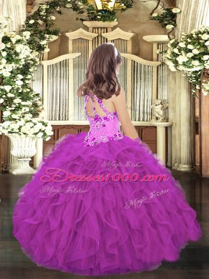 Purple Lace Up Little Girls Pageant Dress Embroidery and Ruffles Sleeveless Floor Length