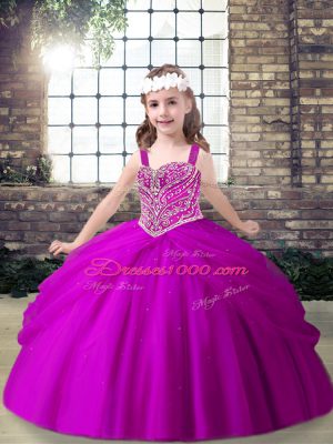 Fuchsia Straps Neckline Beading and Pick Ups High School Pageant Dress Sleeveless Lace Up