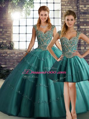 Teal Straps Lace Up Beading and Appliques Quinceanera Gowns Sleeveless