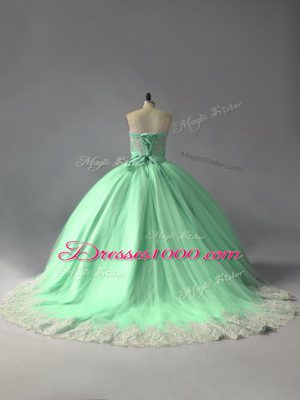 Eye-catching Apple Green Tulle Lace Up Sweetheart Sleeveless Sweet 16 Dress Court Train Appliques