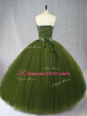 Edgy Olive Green Tulle Lace Up Sweetheart Sleeveless Floor Length Quinceanera Dresses Beading