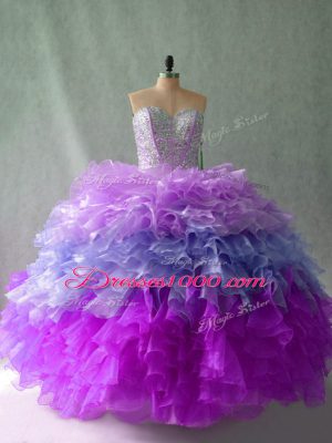 High Quality Multi-color Ball Gowns Sweetheart Sleeveless Organza Floor Length Lace Up Beading and Ruffles Ball Gown Prom Dress