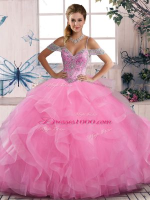Trendy Rose Pink Sleeveless Floor Length Beading and Ruffles Lace Up Quince Ball Gowns