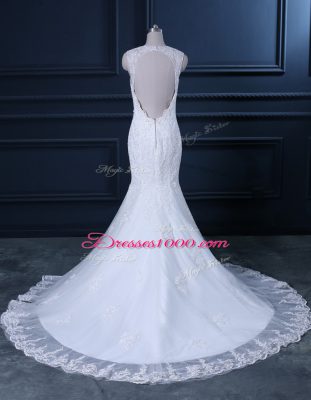 Great Tulle Sleeveless Wedding Dress Brush Train and Beading and Lace