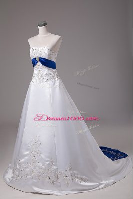 Luxurious Satin Strapless Sleeveless Brush Train Lace Up Beading and Embroidery Wedding Gown in White