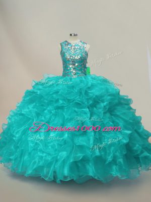 Floor Length Lace Up Quinceanera Gowns Aqua Blue for Sweet 16 and Quinceanera with Beading and Ruffles