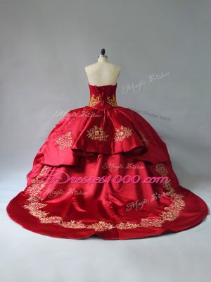 Wine Red Ball Gowns Satin and Tulle Sweetheart Sleeveless Beading and Embroidery Lace Up Quinceanera Dresses Court Train