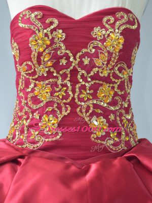 Wine Red Ball Gowns Satin and Tulle Sweetheart Sleeveless Beading and Embroidery Lace Up Quinceanera Dresses Court Train