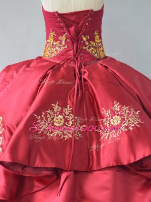 Wine Red Ball Gowns Satin and Tulle Sweetheart Sleeveless Beading and Embroidery Lace Up Quinceanera Dresses Court Train