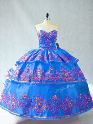 Custom Designed Floor Length Lace Up Vestidos de Quinceanera Blue for Sweet 16 and Quinceanera with Embroidery