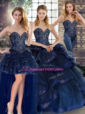 Nice Navy Blue Tulle Lace Up Vestidos de Quinceanera Sleeveless Floor Length Beading and Ruffles