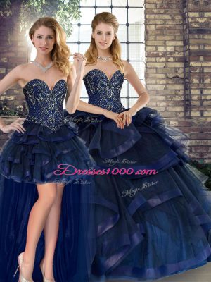 Nice Navy Blue Tulle Lace Up Vestidos de Quinceanera Sleeveless Floor Length Beading and Ruffles