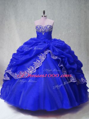 Royal Blue Ball Gowns Organza Sweetheart Sleeveless Beading and Appliques and Pick Ups Floor Length Lace Up Quinceanera Dress