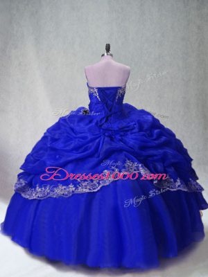 Royal Blue Ball Gowns Organza Sweetheart Sleeveless Beading and Appliques and Pick Ups Floor Length Lace Up Quinceanera Dress