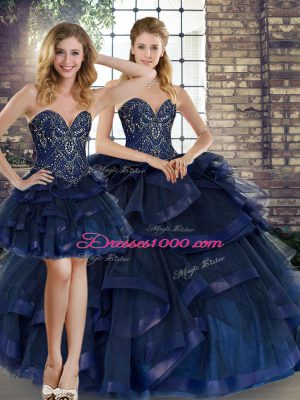 Navy Blue Three Pieces Beading and Ruffles Sweet 16 Quinceanera Dress Lace Up Tulle Sleeveless Floor Length